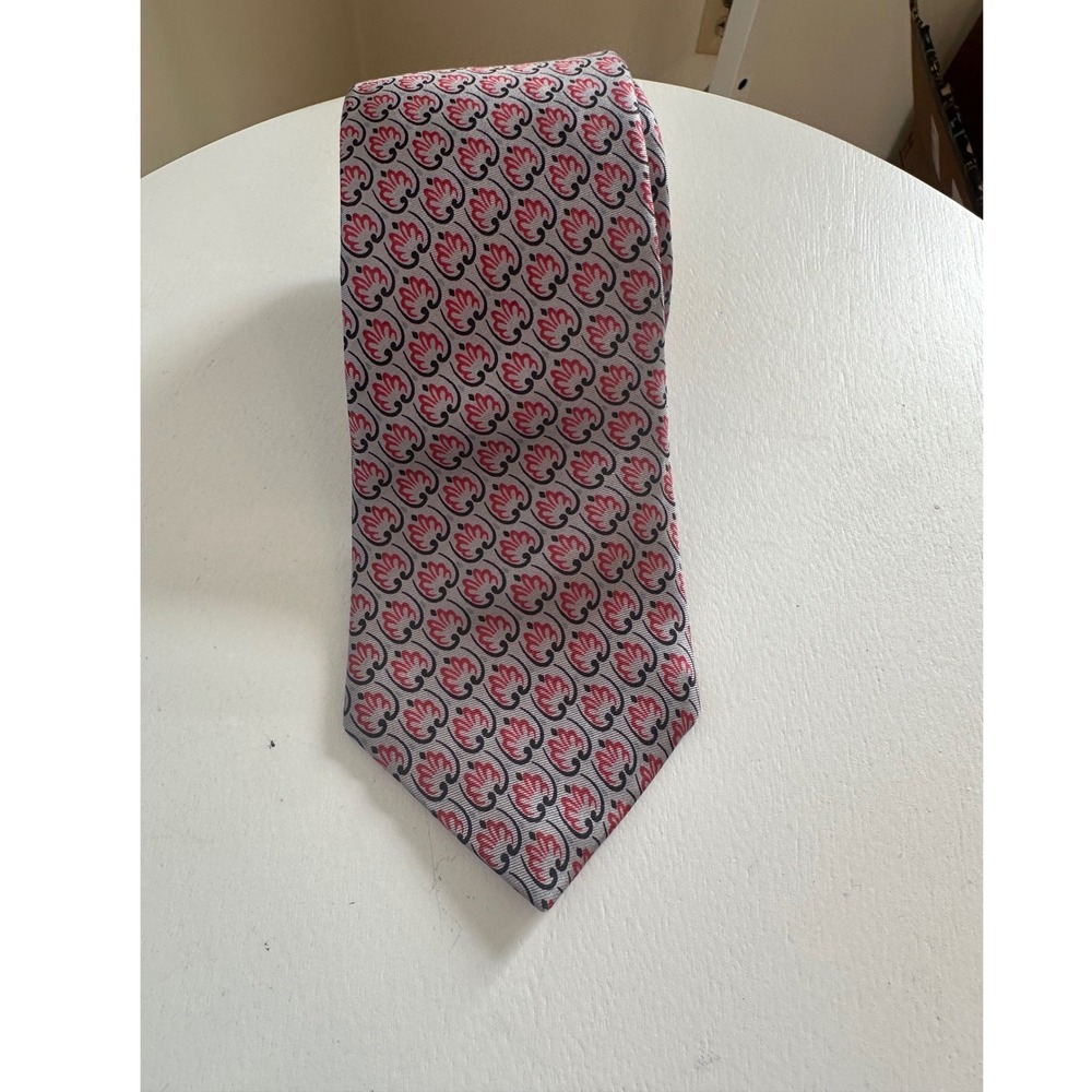 Mens Silk Tie Silver Red Black Floral Shell Pattern Necktie